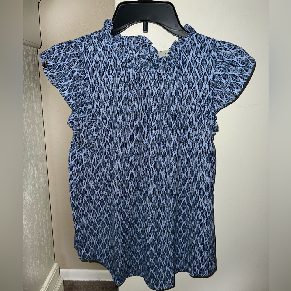 Loft Outlet- Blue Patterned Ruffled Top with Cap Sleeves